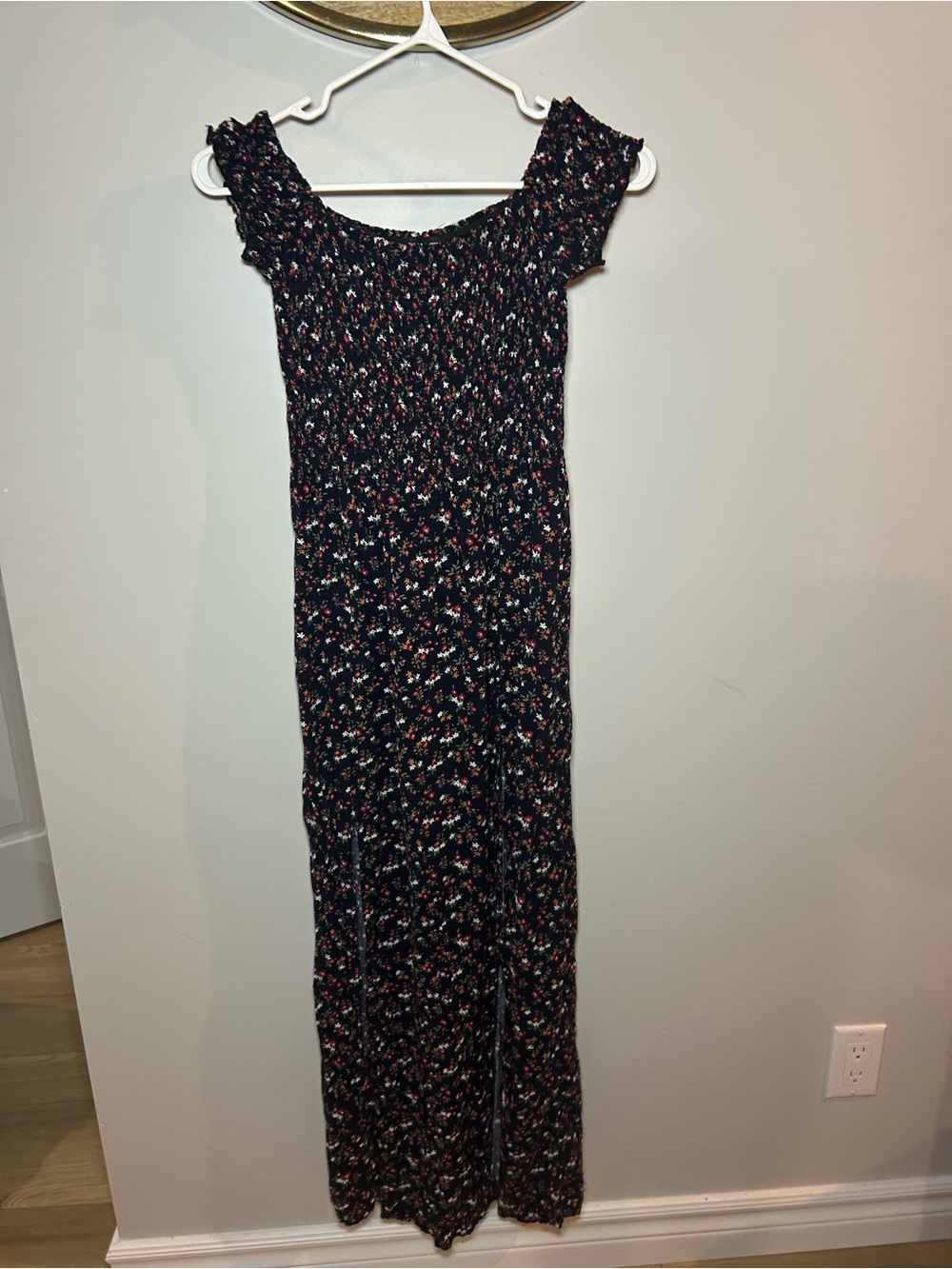 Smocked Off-Shoulder Maxi Dress in Black Floral Print